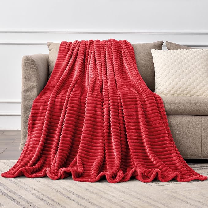 BEDELITE Fleece Blanket Queen Size – 3D Ribbed Jacquard Soft and Warm Decorative Fuzzy Blankets – Cozy, Fluffy, Plush Lightweight Throw Blankets for Couch, Bed, Sofa(Red, 90x90 inches)