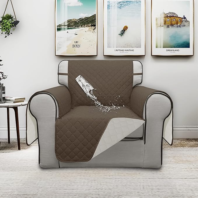 ISSUNTEX Double Protection 100% Waterproof Chair Sofa Cover for Living Room, Reversible Furniture Protector for Dogs, Pets, Kids (Chair, Camel/Ivory)