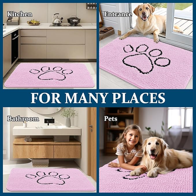 OLANLY Dog Door Mat for Muddy Paws 48x30, Paw Print Design, Absorbs Moisture and Dirt, Absorbent Non-Slip Washable Doormat, Quick Dry Chenille Mud Mat for Dogs, Entry Indoor Entryway Carpet, Pink