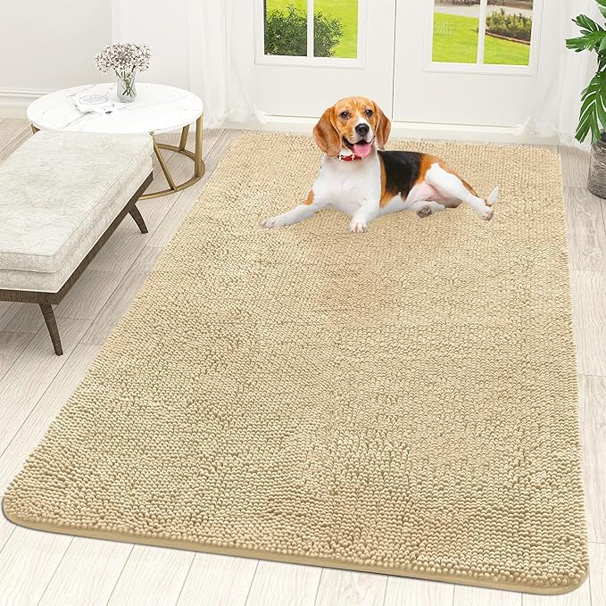 OLANLY Dog Door Mat for Muddy Paws 59x35, Absorbs Moisture and Dirt, Absorbent Non-Slip Washable Doormat, Quick Dry Chenille Mud Mat for Dogs, Entry Indoor Entryway Carpet for Inside Floor, Sand