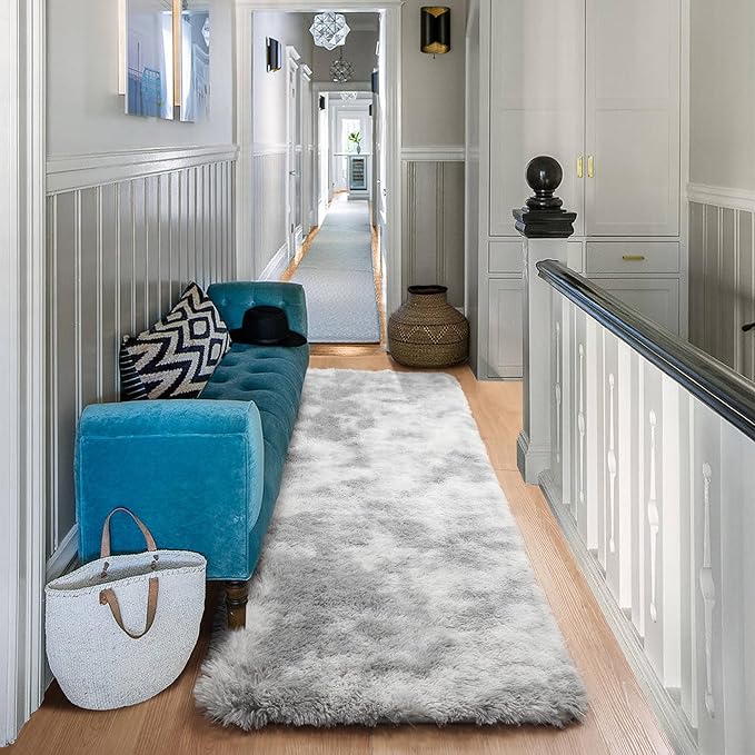 ONASAR 2x6 Runner Rugs for Bedroom Living Room, Fluffy Tie-Dyed Light Grey Bedside Hallway Throw Area Rug, Ultra Soft Plush Furry Floor Carpet Mat for Nursery Kids Dorm Closet Home Decor