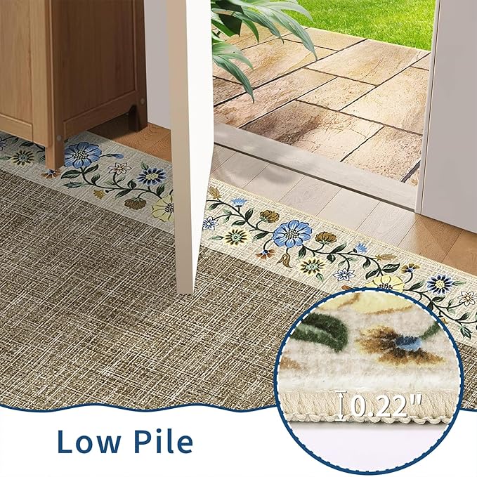 GarveeHome 4x6 Area Rugs for Bedroom Living Room Machine Washable Rugs Floral Bordered Small Carpet Non-Slip Stain Resistant Accent Carpet for Dining Room Table Apartment Office, Dark Camel