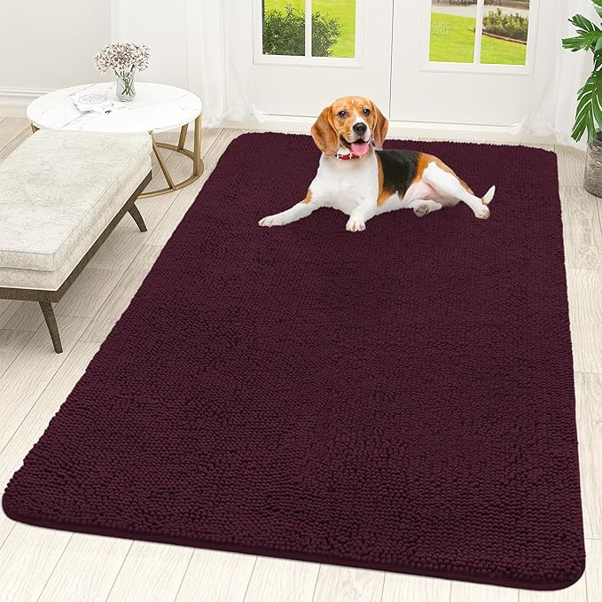 OLANLY Dog Door Mat for Muddy Paws 59x35, Absorbs Moisture and Dirt, Absorbent Non-Slip Washable Doormat, Quick Dry Chenille Mud Mat for Dogs, Entry Indoor Entryway Carpet for Inside Floor, Russet