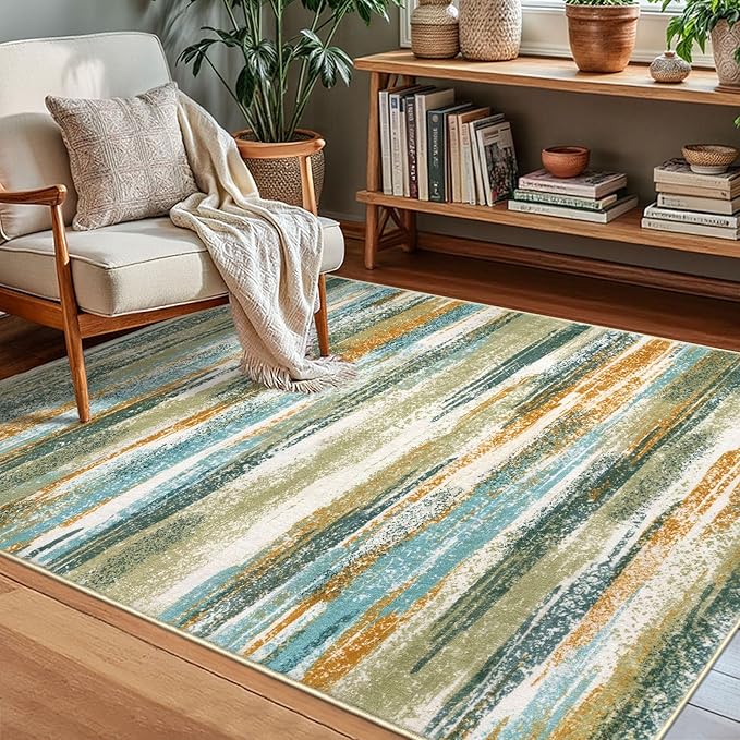 Lansny Modern Abstract Small Area Rug Indoor 3x5 Washable Rug Non-Slip Soft Entryway Rug Green Mustard Multi Kitchen Mats Thin Print Faux Wool Floor Carpet Throw Rugs for Entrance Bedroom Home Decor
