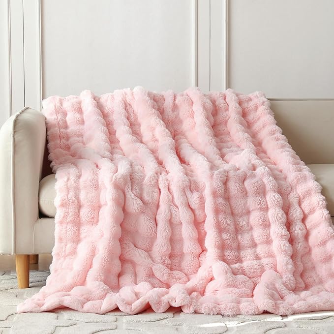 COOVA Faux Fur Throw Blanket for Couch, Cozy Soft and Fuzzy Plush Rabbit Fur Bubble Blanket for Sofa Bedroom Living Room, 60x80 Inches Light Pink