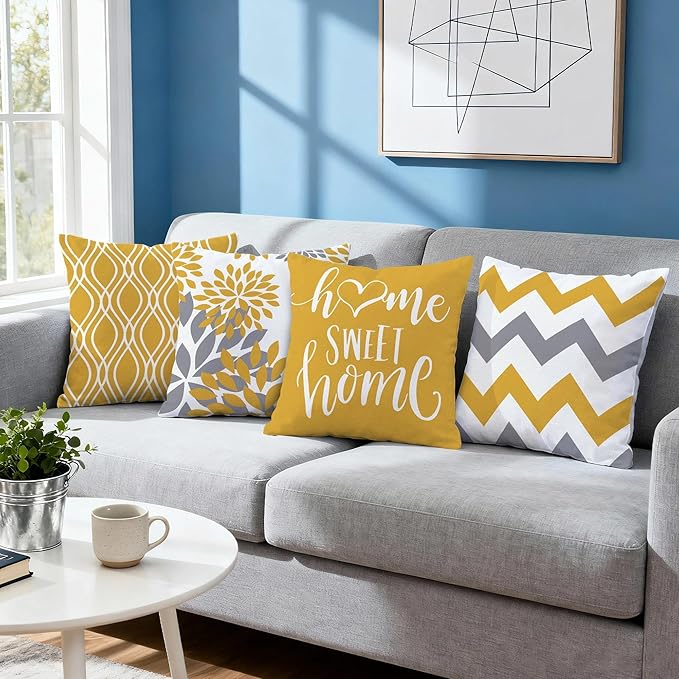 Hexagram Geometric Yellow Pillow Covers 18x18 Set of 4, Decorative Outdoor Boho Modern Throw Pillow Covers, Home Sweet Home Farmhouse Cushion Case for Couch Sofa Bedroom Indoor Decor(No Insert)