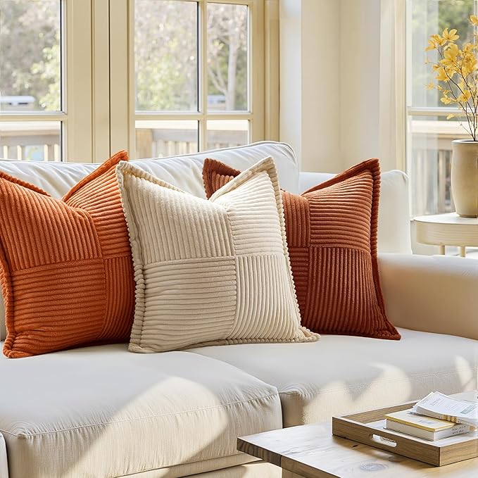 MIULEE Dark Rust Decorative Throw Pillow Covers for Couch Bed Livingroom 20x20 Inch Set of 2 Boho Accent Throw Pllows Broadside Striped Patchwork Soft Corduroy Pillowcases