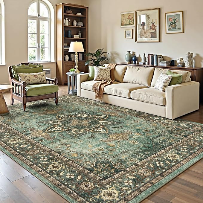 Lofus 5x7 Area Rugs for Living Room, Washable Area Rug, Rugs for Bedroom, Kitchen, Vintage Boho Carpet, Soft Non-Slip, Low Pile Large Area Rug for Office Dining Room, Green