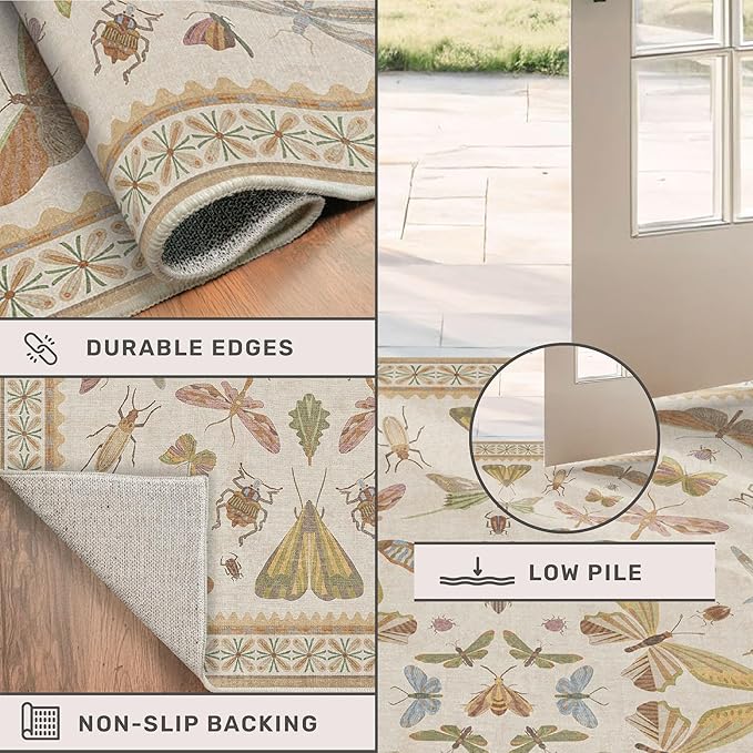 Hazo Haus Beige Dining Table Rug - 6x9 Area Rugs for Bedroom, Living Room, Cute Kids Room, Large Fun Insect Butterfly Vintage Non-Slip Décor, Low Pile Stain Resistant