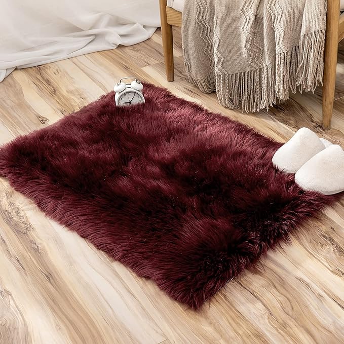 MIULEE Fluffy Rug Soft Shaggy Faux Fur Area Rug Luxury Plush Rectangle Carpet for Bedroom Living Room Sofa Chair 2 x 3 Feet,Wine Red