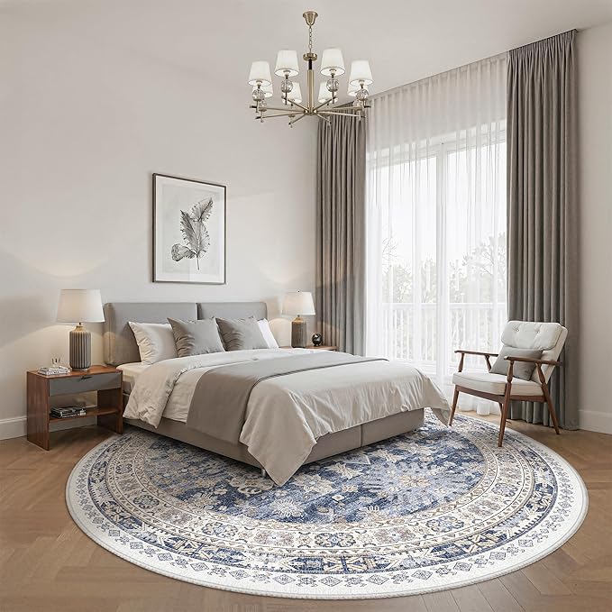 zesthome 8ft Round Rugs for Living Room, Non-Slip Washable Round Area Rugs, Ultra-Thin Large Circle Rugs, Soft Low Pile Rug for Bedroom, Kitchen - Vintage Stain Resistant Round Rug (Blue/Beige,8'x8')