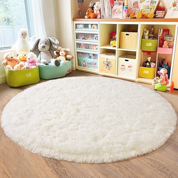 3'x3' Cream Round Rugs for Girls Bedroom, Ultra Soft Fluffy Circle Rug for Kids Room, Cute Small Shag Rugs for Living Room Playroom Tent Castle Home Decor Rug