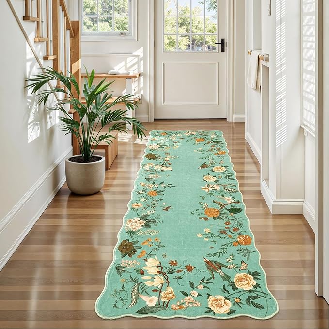 Rugflix 2x6 Runner Rug for Hallway, Washable Kitchen Runner Non Slip, Soft Low Pile Entryway Carpet, Vintage Floral Stain Resistant Long Laundry Room Rugs for Bedroom, Stairs