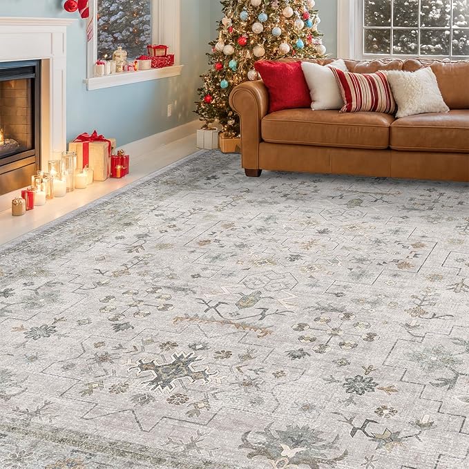 Hazo Haus Boho Light Grey Living Room Rug 6x9 - Modern Vintage Eclectic Floral Paste Neutral Taupe, Washable Low Pile Non-Slip Large Area Rugs for Dining Under Table Bedroom
