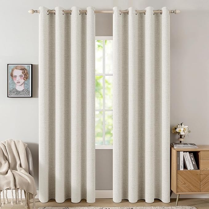 MIULEE Linen Texture Curtains for Bedroom Solid 100% Blackout Thermal Insulated Linen Beige Curtains Grommet Room Darkening Drapes for Living Room Nursery 52x108 Inch (2 Panels)