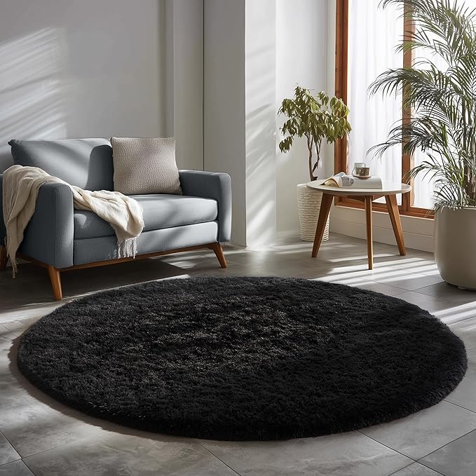 Black Round Rug 7Ft for Bedroom Aesthetic, Fluffy Plush Circle Area Rugs for Living Room, Large Big Fuzzy Modern Cool Carpet for Baby Kids Teen Boys Mens, Office Playroom Nursery Apartment Home Decor