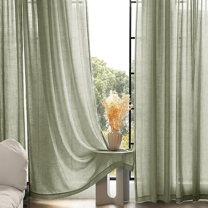 Linen Blend Sage Green Curtains 96 inch Length 2 Panels for Bedroom Back Tab Light Filtering Semi Sheer Drapes Linen Cotton Textured Light Green Airy Modern Farmhouse Living Room Sage Aesthetic Decor