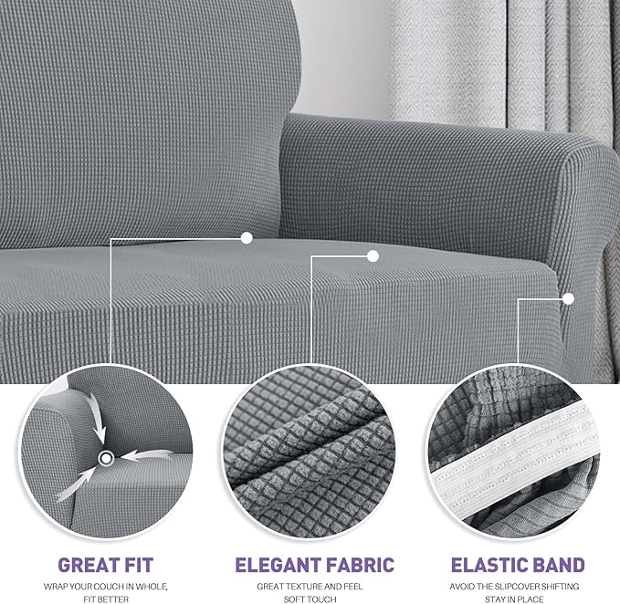 ZNSAYOTX Super Stretch Couch Cover Love Seat Sofa Covers for Living Room Dogs Pet Friendly Furniture Protector Spandex Loveseat Slipcovers with Anti Slip Foam Sticks (Light Grey, Loveseat)