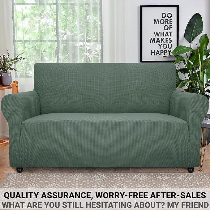 ZNSAYOTX Super Stretch Couch Cover Love Seat Sofa Covers for Living Room Dogs Pet Friendly Furniture Protector Spandex Loveseat Slipcovers with Anti Slip Foam Sticks (Pea Green, Loveseat)