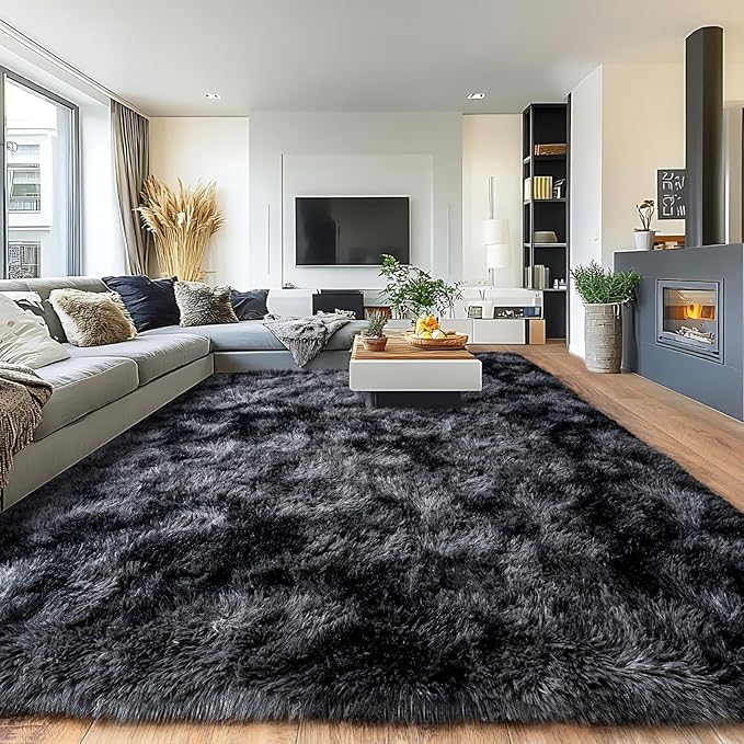 Pionblank 8x10 Rug for Living Room, Fuzzy Plush Large Area Rug, Fluffy Modern Shag Non Slip Soft Furry Carpet for Bedroom Kids Room Nursery Teens Dorm Home Decor, Dark Grey