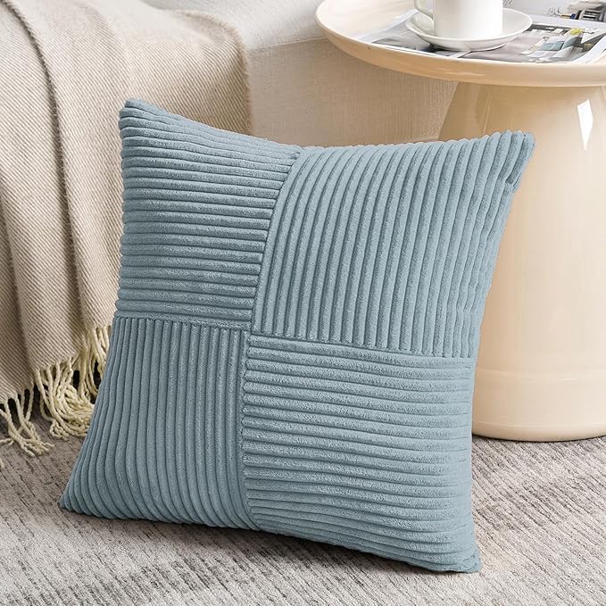 Fancy Homi Set of 2 Light Blue Samll Decorative Throw Pillow Covers 12x12 Inch with for Couch Bed Sofa Living Room, Soft Cross Patchwork Striped Corduroy Coastal Blue Square Cushion Case 30 cm
