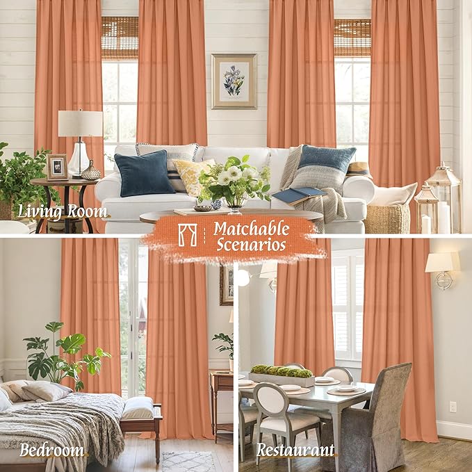 LAMIT Terracotta Linen Boho Curtains 84 inch Length 2 Panels, Light Filtering Burnt Orange Drapes Rod Pocket Western Rustic Panels for Bedroom/Living Room, 52 x 84 Inch