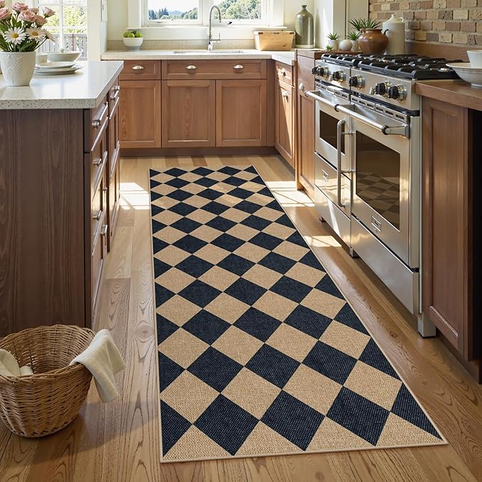 Lahome Colette Checkered Easy Jute Runner Rug, 2x8 Hallway Kitchen Runner Rug Non Slip Washable Outdoor Carpet for Entryway Indoor, Checkerboard Black Indoor Outdoor Carpet for Hallway 8ft Entry