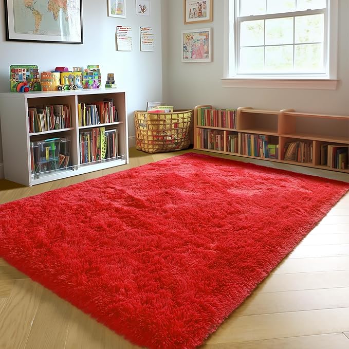 ONASAR Red Area Rugs for Bedroom Living Room, Fluffy 4x6 Indoor Bedside Floor Throw Rug, Soft Plush Shaggy Carpet for Nursery Kids Girls Boys Teen Dorm Home Office Decor Aesthetic