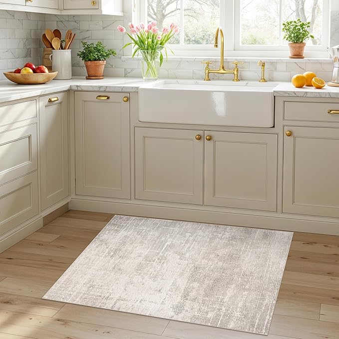 HAOYUNLAI 2x3 Entryway Area Rug: Washable Kitchen Bedroom Carpet Soft Abstract Laundry Bathroom Rugs with Non-Slip Backing Easy-Clean Distressed Home Decor Floor Mat for Pets Family (2x3,Beige/Cream)
