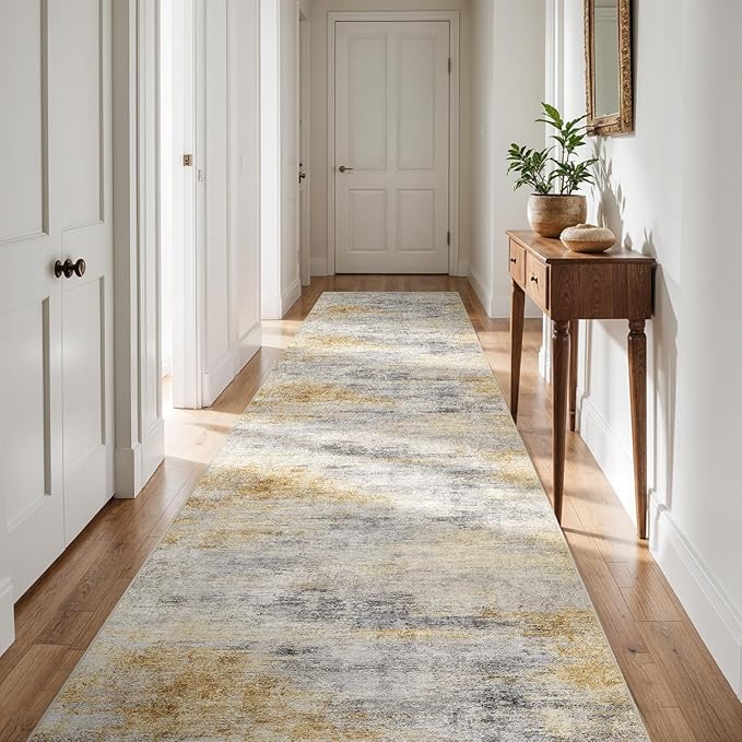 2'6''x12' Washable Kitchen Runner Rug: Modern Abstract Runners for Hallway Soft Non Slip Rugs with Rubber Backing Low Pile Thin Floor Carpet for Entryway Bedroom Bathroom Indoor(Grey/Yellow,2'6''x12')
