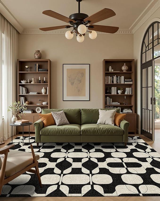 Latte&Fog 6x9 Area Rugs for Living Room Bedroom, Black Vintage Washable Rug, Boho Non Slip Low Pile Carpet for Indoor Dining Room, Dorm, Classroom,College Dorm,Farmhouse and Home Office - Black Beige