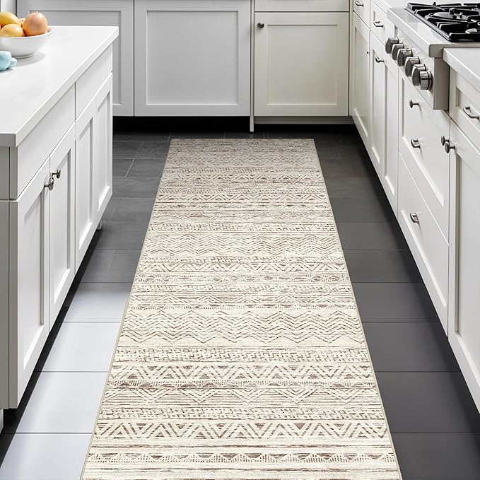 2x6 Washable Hallway Runner Rug - Moroccan Non-Slip Indoor Table Long Runners for Entryway Soft Low Pile Neutral Rugs for Kitchen Waterproof Geometric Carpet for Bedroom Bathroom Laundry 2x6 Beige