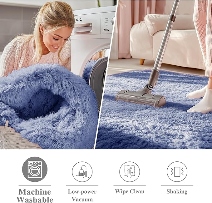 OLANLY Denim Blue Round Rugs for Bedroom - Machine Washable, 3 ft Circle Area Rugs for Living Room, Soft and Fluffy Shaggy Carpet for Teen Girl and Boys, Nursery Rooms, Dorms, Home Decor Aesthetic