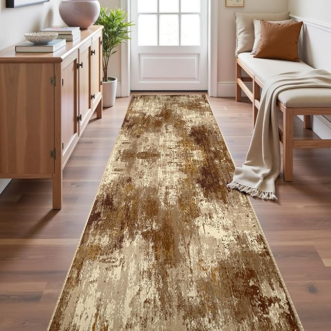 Washable Area Rugs 2'x10' Non-Slip Modern Abstract Soft for Living Room Entryway Bedroom Nursery, Print Pattern, Brown Tan Beige Coffee
