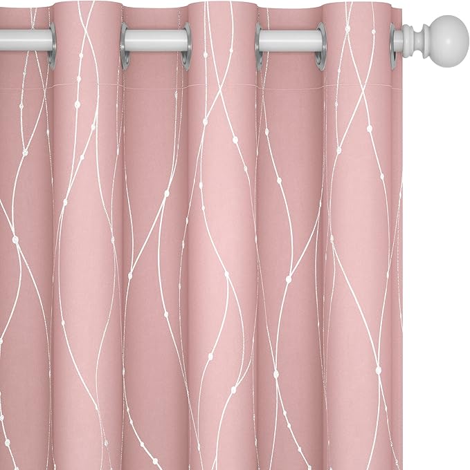 Deconovo Pink Blackout Curtains for Bedroom, Thermal Insulated Soundproof Pravicy Curtain, Silver Wave Dots Print, 52 x 95 Inch Long, Machine Washable Window Panels for Kids Room Nursery, Set of 2