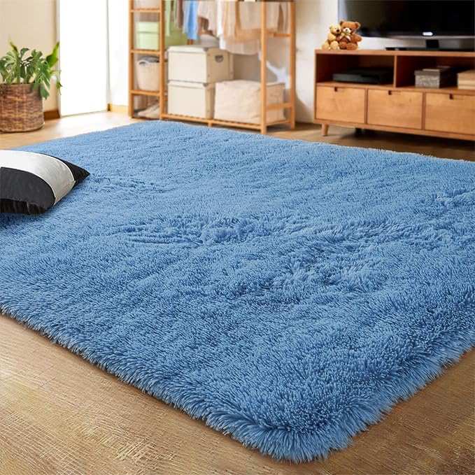 LOCHAS Ultra Soft Indoor Modern Area Rugs Fluffy Living Room Carpets for Children Bedroom Home Decor Nursery Rug 4x5.3 Feet,Cobalt Blue