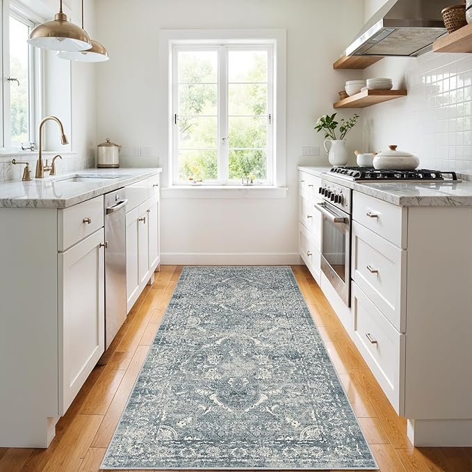 3x6 Washable Hallway Runner Rug - Non Slip Kitchen Runner Rugs with Rubber Backing Vintage Low-Pile Carpet Runners for Entryway Dining Room Laundry Room Home Decor (Blue)