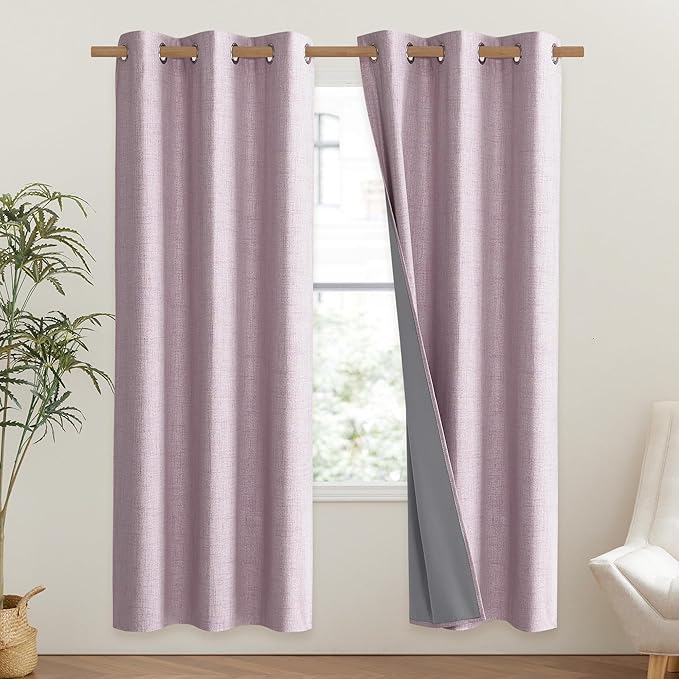 NICETOWN Pink Vintage Linen 100% Blackout Curtains for Classroom, Thermal Insulated Curtains 72" Long, Noise Reducing Window Treatment Drapes for Gym Room, 42" Wide Per Panel, Set of 2