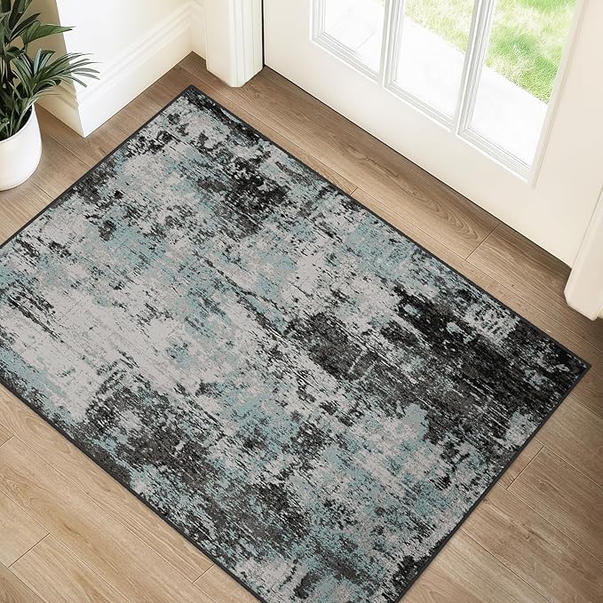 Washable Area Rugs 2'x3' Non-Slip Modern Abstract Soft for Living Room Entryway Bedroom Nursery, Print Pattern, Blue Black Teal
