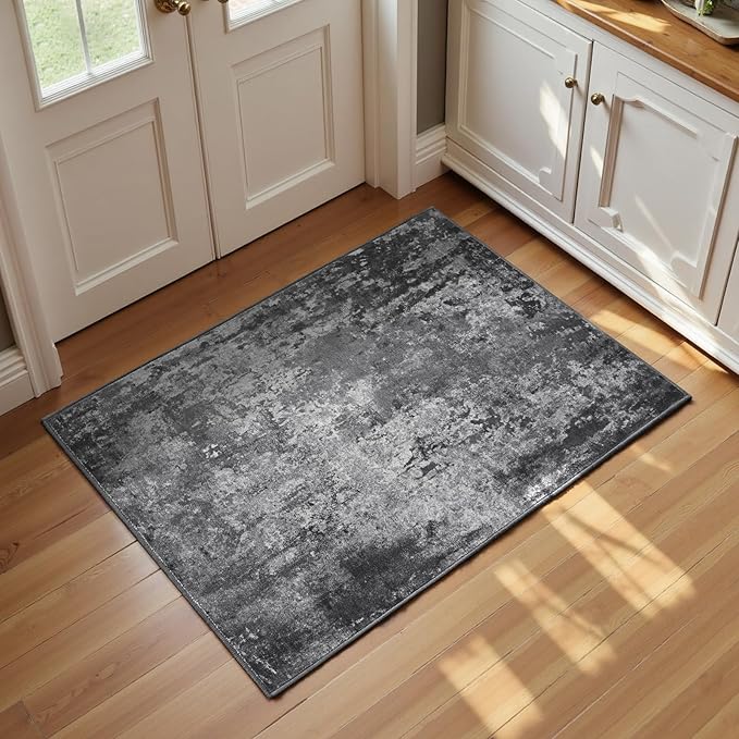 Entrance Rugs Indoor 2x3 Black Entry Rug Washable Abstract Black Small Area Rug Non-Slip Low Pile Throw Rugs for Entryway, Kitchen Floor, Front Door Indoor Door Mat, Bathroom, Bedroom Bedside