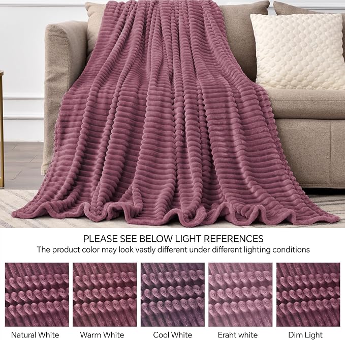 BEDELITE Fleece Blanket Twin Size – 3D Ribbed Jacquard Soft and Warm Decorative Fuzzy Blankets – Cozy, Fluffy, Plush Lightweight Throw Blankets for Couch, Bed, Sofa(Plum, 60x80 inches)