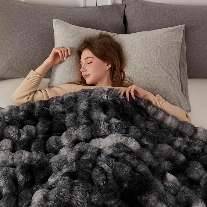 COOVA Faux Fur Throw Blanket for Couch, Cozy Soft and Fuzzy Plush Rabbit Fur Bubble Blanket for Sofa Bedroom Living Room, 60x80 Inches Tie Dye Black