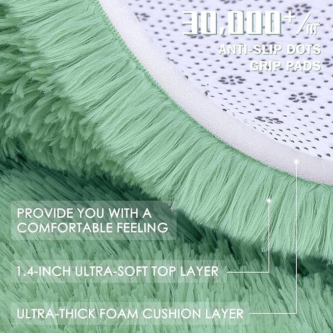 OLANLY Mint Green Round Rugs for Bedroom - Machine Washable, 4 ft Circle Area Rugs for Living Room, Soft and Fluffy Shaggy Carpet for Teen Girls and Boys, Nursery Rooms, Dorms, Home Decor Aesthetic