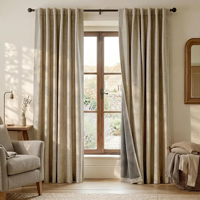 RYB HOME 100% Blackout Linen Textured Curtains for Bedroom, Farmhouse Thermal Insulated Window Curtains for Living Room Dining Patio Sliding Glass Door, Wide 52 x Long 102 inch, Burlap, 2 Panels