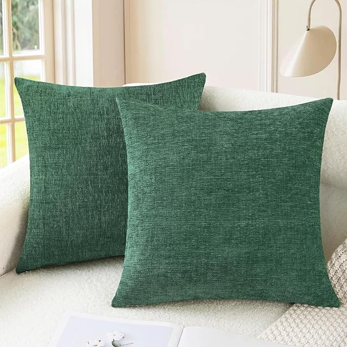 CaliTime Christmas Throw Pillow Covers Decorative 20 X 20 Inches Pack of 2 Cozy Chenille Cushion Cases for Couch Sofa Bed Living Room Home Dark Green