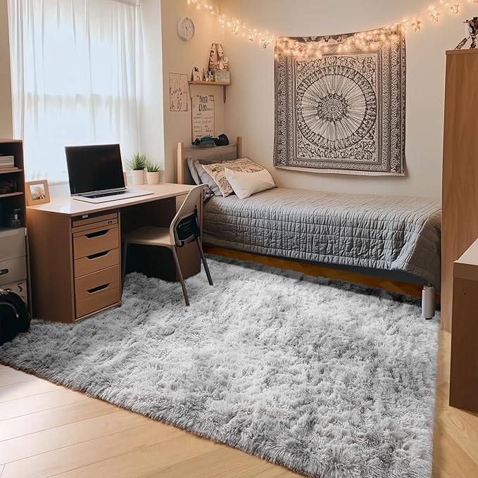 ONASAR Rugs for Living Room Bedroom, 5x8 Fluffy Tie-Dyed Light Grey Bedside Area Rug, Soft Plush Shaggy Floor Carpet for Nursery Kids Girls Boys Teen Dorm Home Office Decor Aesthetic
