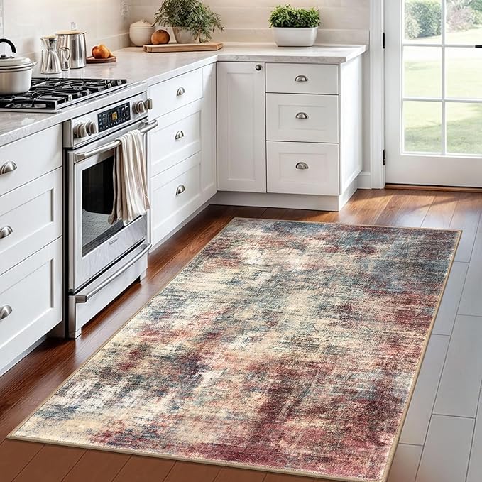 IOHOUZE Abstract Area Rug 4x6 Ft Washable Rugs for Entryway Indoor, Non Slip Small Living Room Rugs Printed Faux Wool Throw Rug, Floor Carpet for Kitchen Nursery Playroom, Red/Multi
