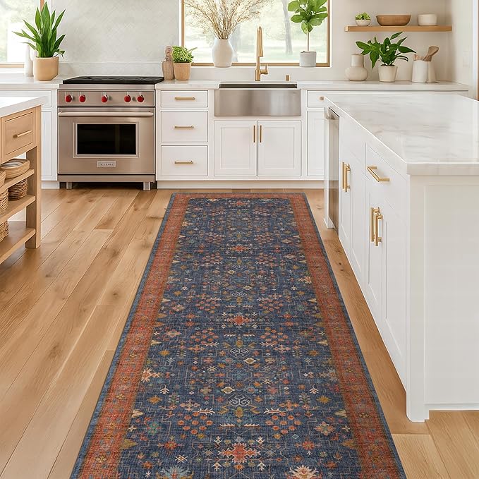 Navy Blue 2x8 Long Runner for Kitchen, 8ft Runner Rugs for Entryway, Hallway, Washable Non Skid Rubber Backing Low Pile Stain Resistance Floral Carpet