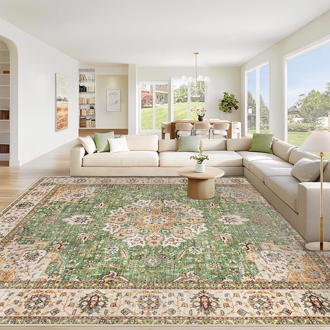 Area Rug 9x12 Washable Rug, Vintage Boho Medallion Rugs Non-Slip Soft Low Pile Large Distressed Rug Indoor Retro Carpet for Living Room Bedroom Dining Room Home Office (Vintage Green, 9'x12')