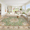 Area Rug 9x12 Washable Rug, Vintage Boho Medallion Rugs Non-Slip Soft Low Pile Large Distressed Rug Indoor Retro Carpet for Living Room Bedroom Dining Room Home Office (Vintage Green, 9'x12')